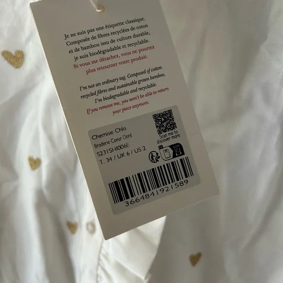 NWT NEW Sezane Chlo Blouse with Gold Heart Embroidery 34 - Picture 9 of 15